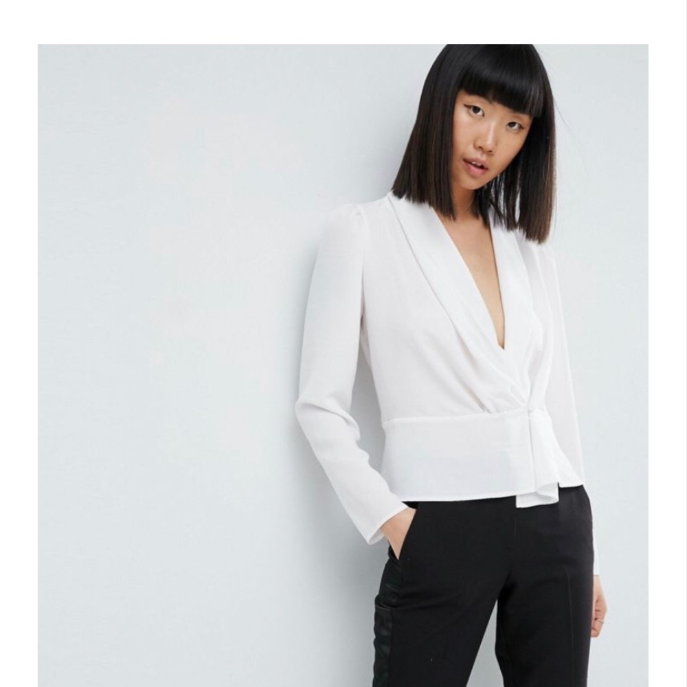 ASOS plunge wrap blouse with ruched shoulders